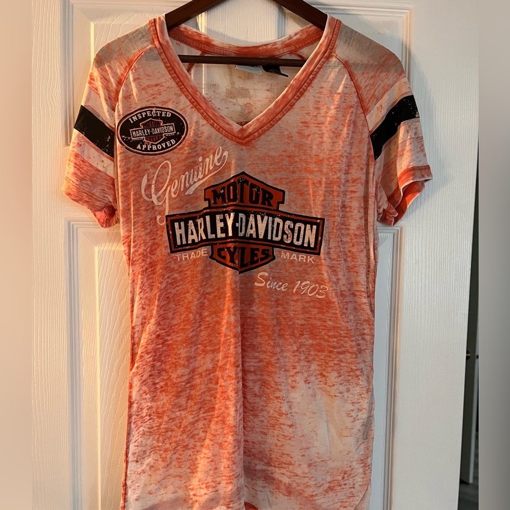 Harley-Davidson Orange Burnout V-Neck Tee Women’s Large